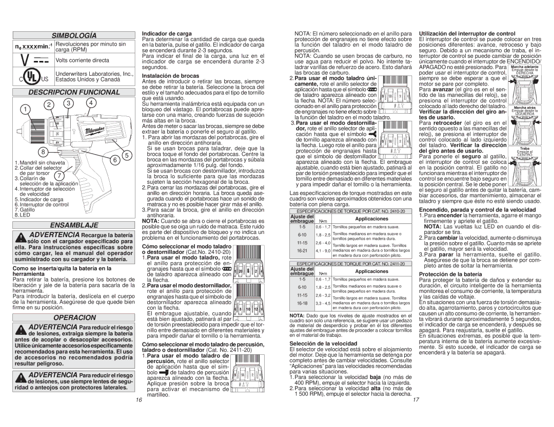 Milwaukee 2411-20 manual Simbología, Descripcion Funcional, Ensamblaje, Operacion 