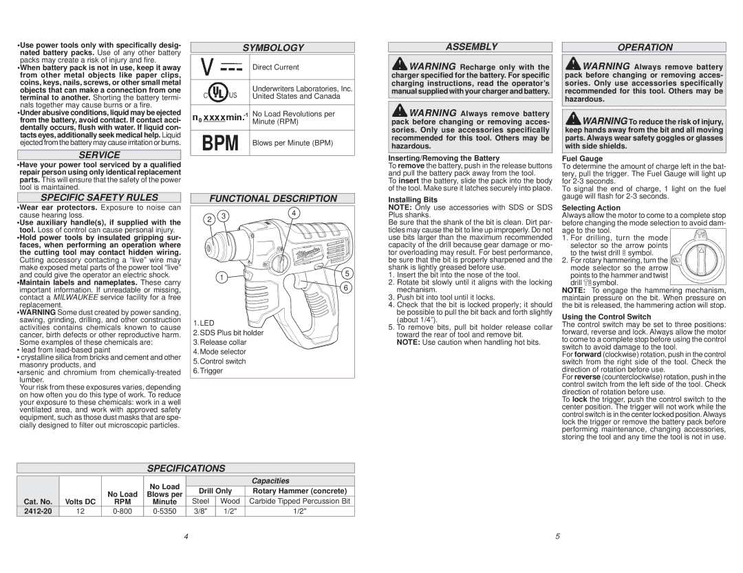 Milwaukee 2412-20 Service, Specific Safety Rules, Symbology, Functional Description, Assembly, Operation, Specifications 