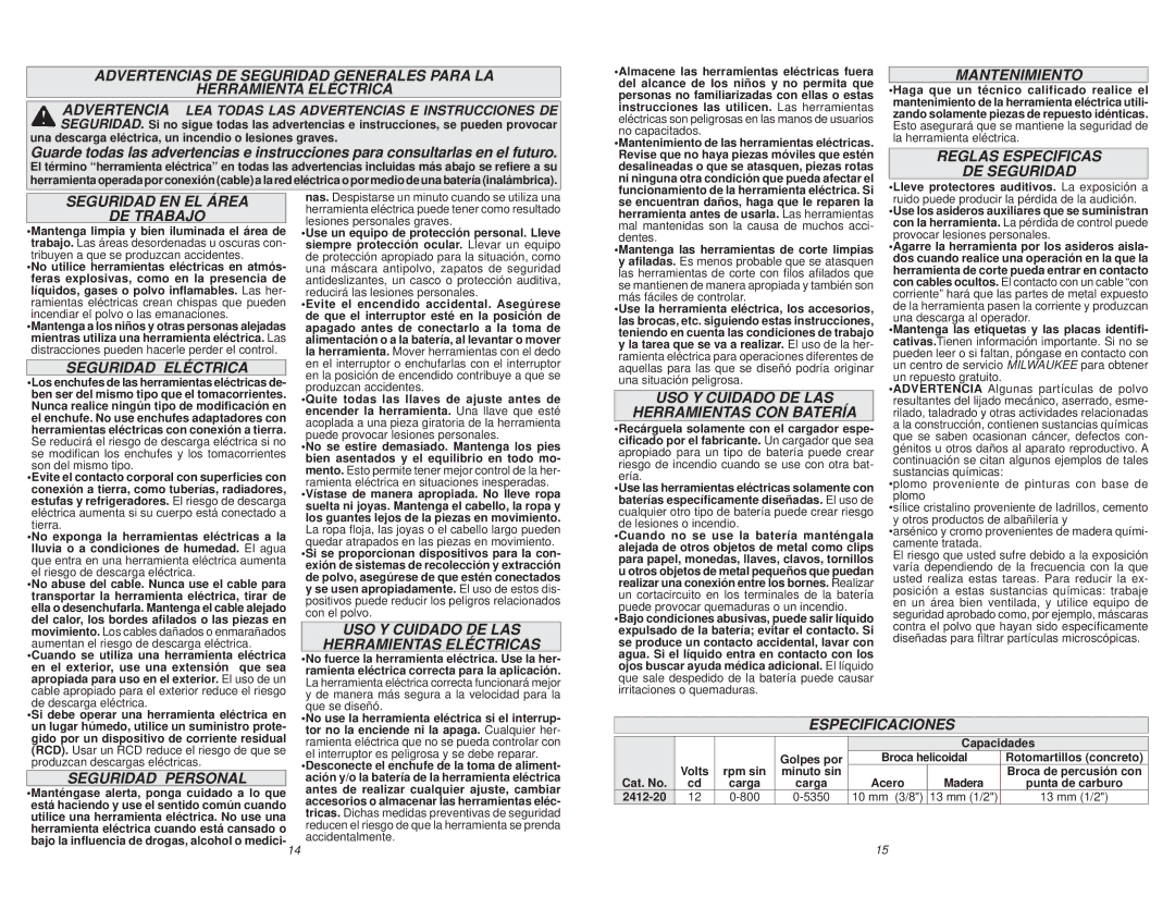Milwaukee 2412-20 Seguridad EN EL Área DE Trabajo, Seguridad Eléctrica, USO Y Cuidado DE LAS, Herramientas Eléctricas 