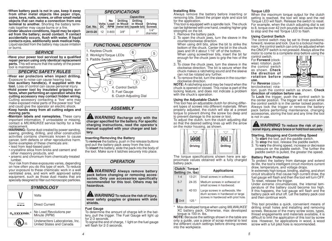 Milwaukee 2415-20 Service, Specific Safety Rules, Symbology, Specifications, Functional Description, Assembly, Operation 