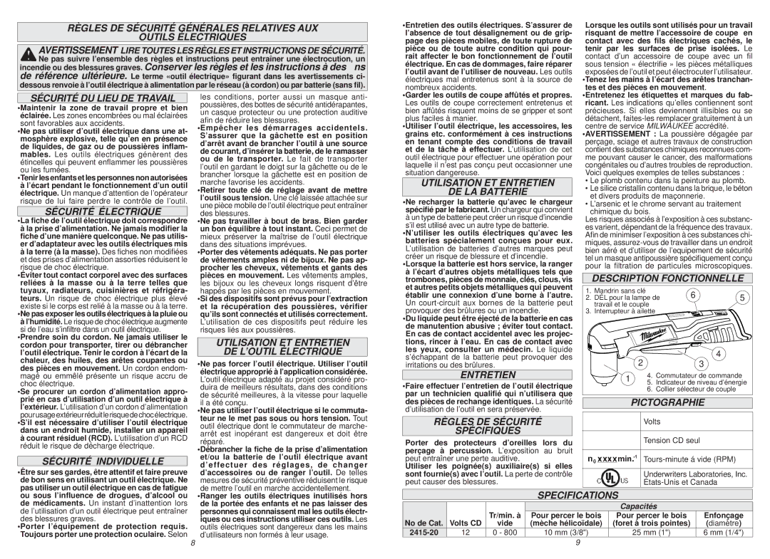 Milwaukee 2415-20 manual Sécurité DU Lieu DE Travail, Sécurité Électrique, Sécurité Individuelle, Entretien, Pictographie 