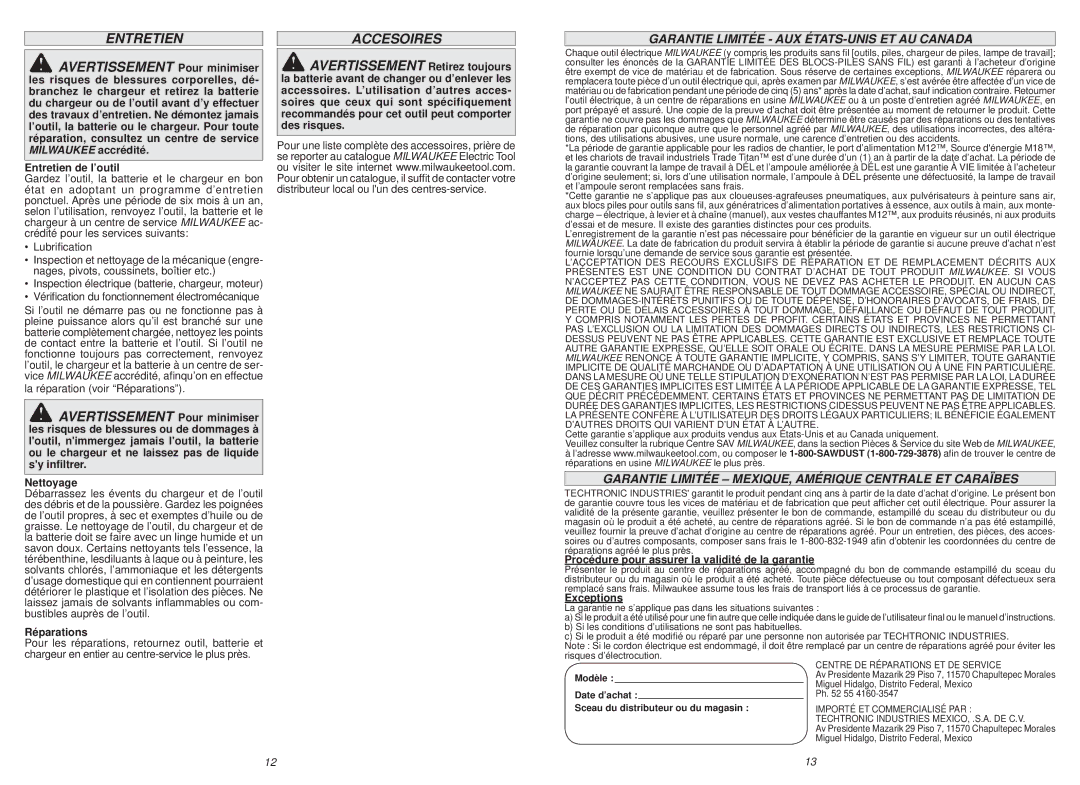 Milwaukee 2415-20 manual Accesoires, Garantie Limitée AUX ÉTATS-UNIS ET AU Canada 