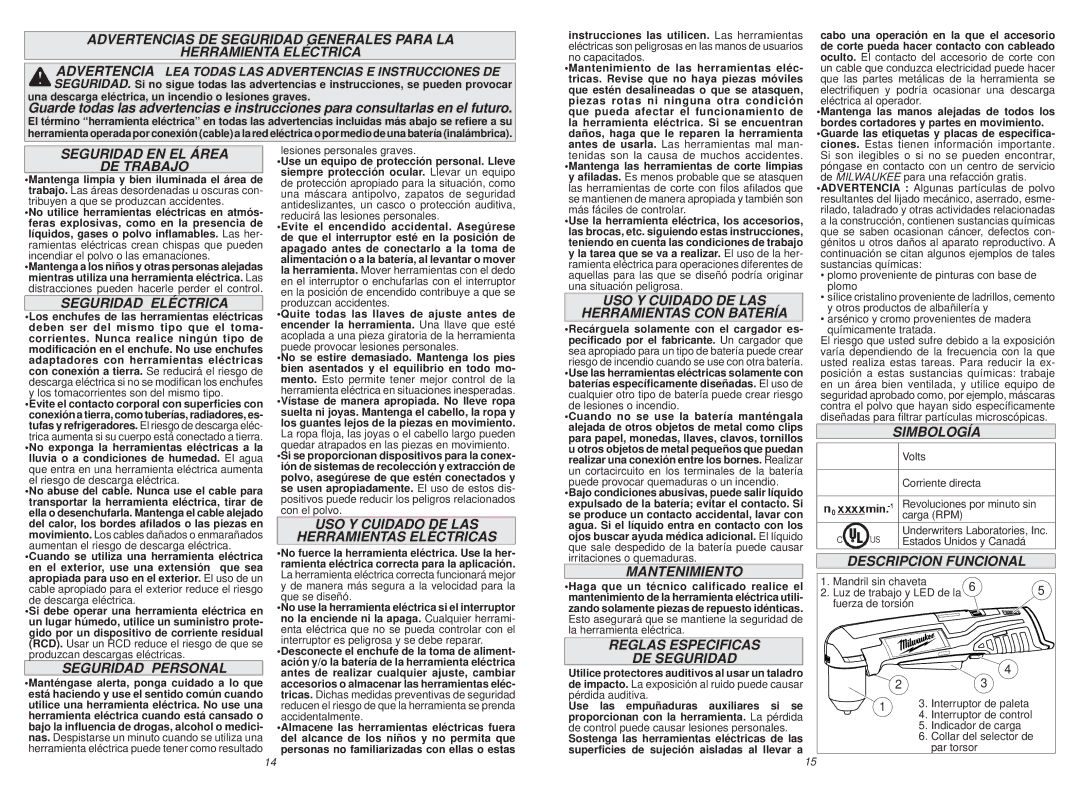 Milwaukee 2415-20 Seguridad EN EL Área DE Trabajo, Seguridad Eléctrica, Seguridad Personal, Mantenimiento, Simbología 