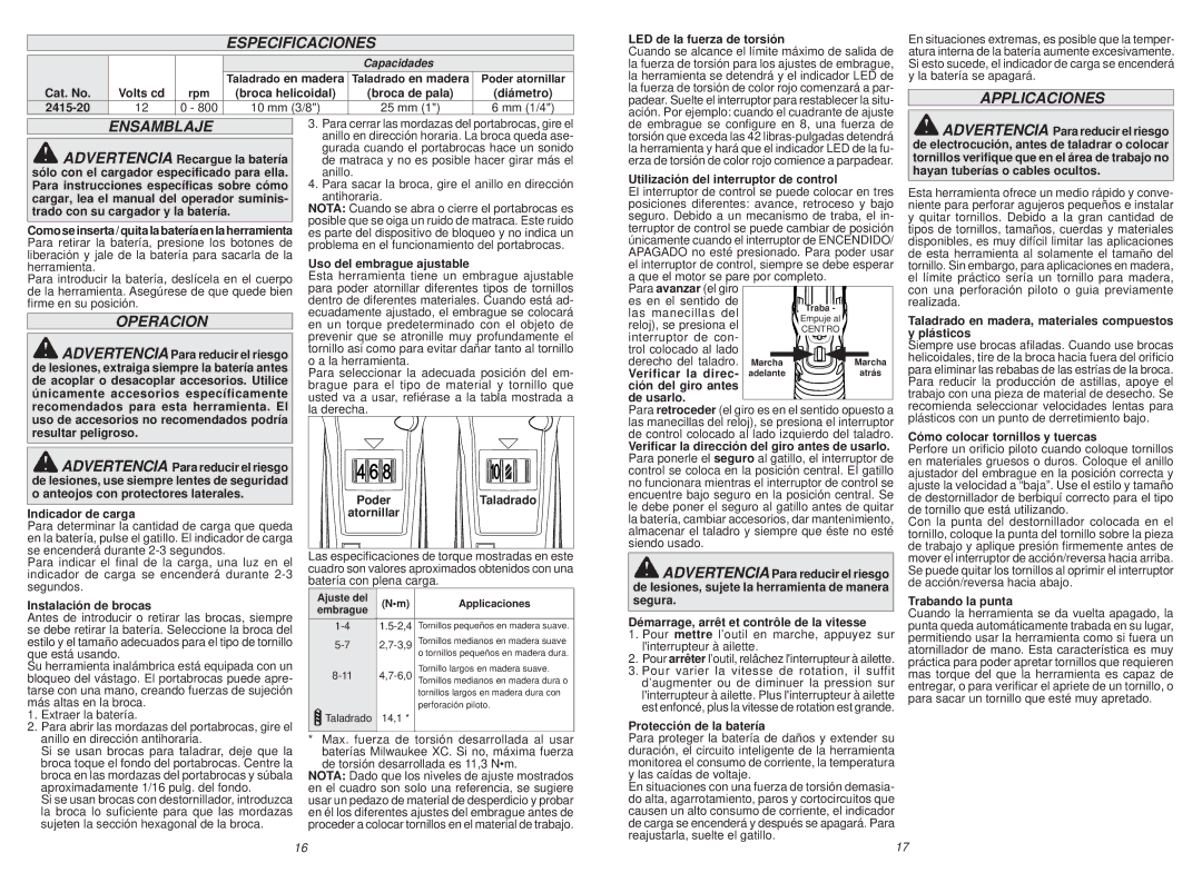 Milwaukee 2415-20 manual Especificaciones, Applicaciones Ensamblaje, Operacion 