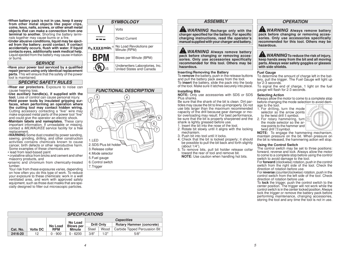 Milwaukee 2416-20 Service, Specific Safety Rules, Symbology, Functional Description, Assembly, Operation, Specifications 