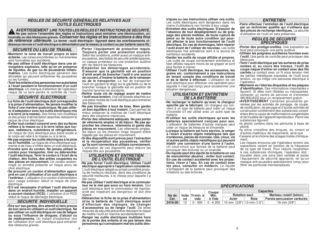 Milwaukee 2416-20 manual Entretien, Règles DE Sécurité Spécifiques, Sécurité DU Lieu DE Travail, Sécurité Électrique 