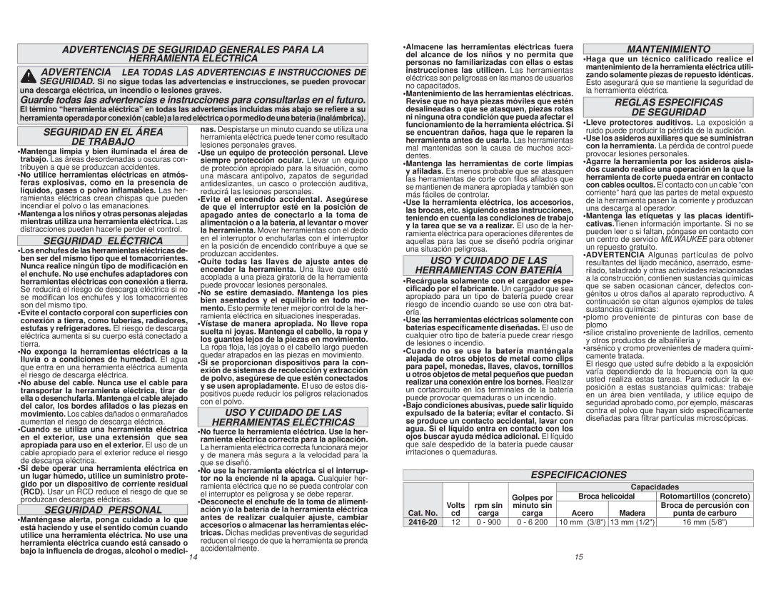 Milwaukee 2416-20 Seguridad EN EL Área DE Trabajo, Seguridad Eléctrica, USO Y Cuidado DE LAS, Herramientas Eléctricas 