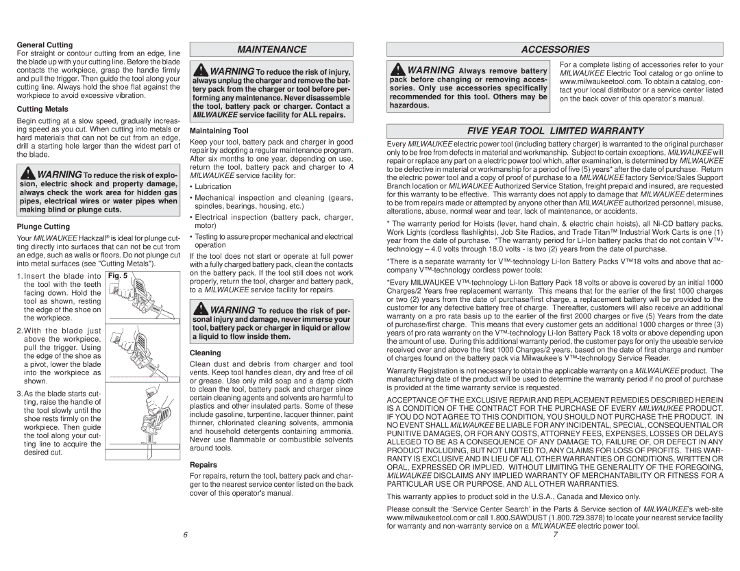 Milwaukee 2420-20 manual Maintenance, Accessories, Five Year Tool Limited Warranty 