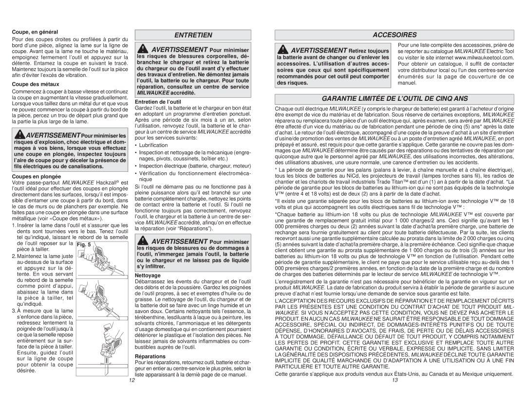 Milwaukee 2420-20 manual Entretien Accesoires, Garantie Limitée DE L’OUTIL DE Cinq ANS 