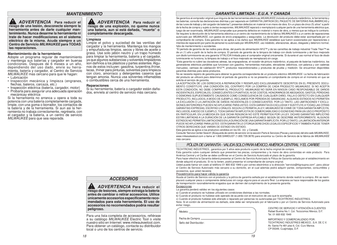 Milwaukee 2426-20 manual Accesorios, Garantía Limitada E.U.A. Y Canadá, Mantenimiento de la herramienta, Reparaciones 