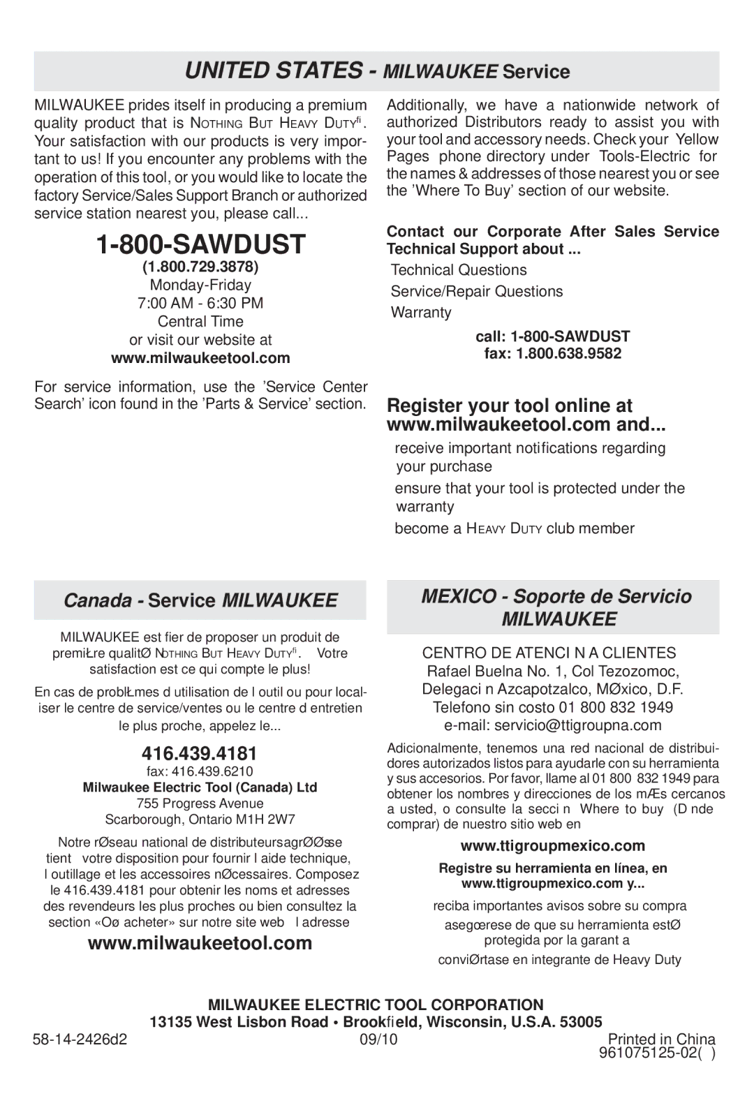 Milwaukee 2426-20 Milwaukee, 800.729.3878, Technical Questions Service/Repair Questions Warranty, Call 1-800-SAWDUST Fax 