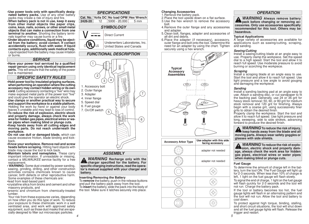 Milwaukee 2426-20 Service, Specific Safety Rules, Specifications, Symbology, Functional Description, Assembly, Operation 