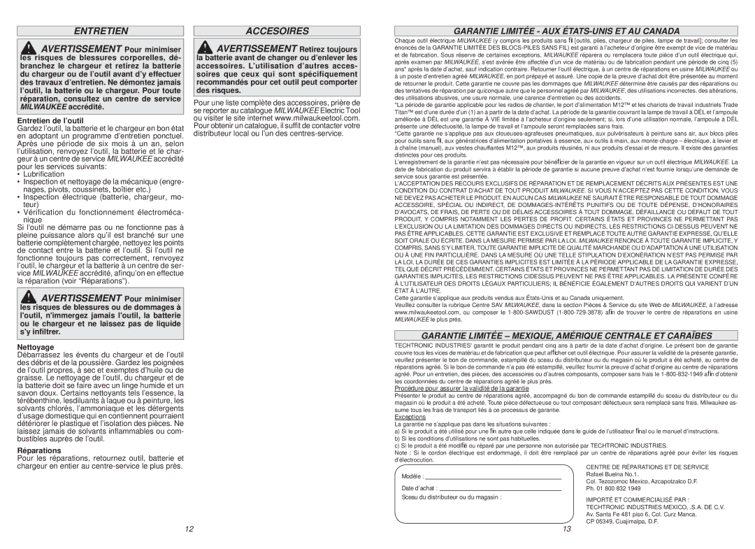 Milwaukee 2426-20 Entretienaccesoires, Garantie Limitée AUX ÉTATS-UNIS ET AU Canada, Entretien de l’outil, Réparations 