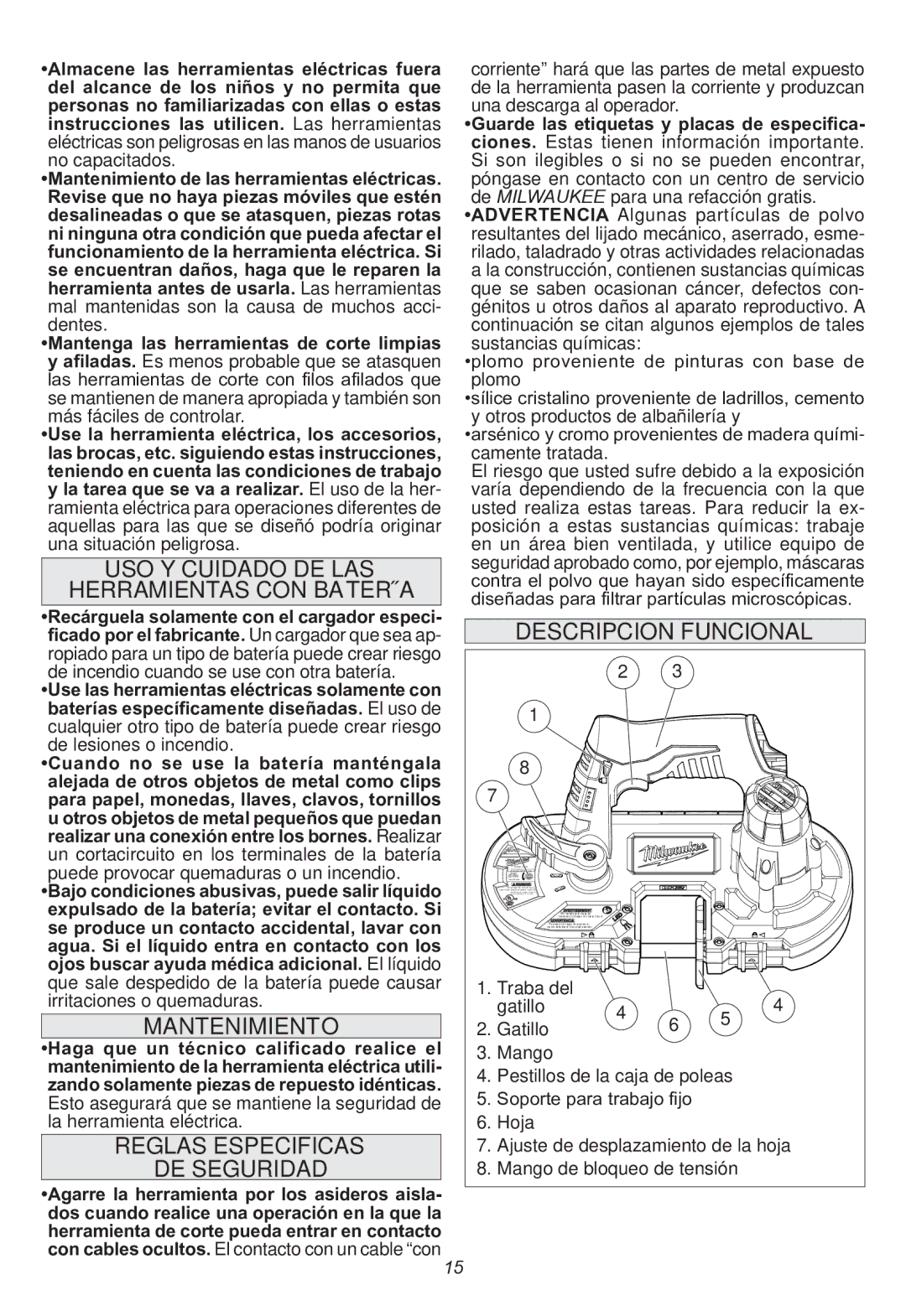 Milwaukee 2429-20 manual Uso y cuidado de las Herramientas con batería, Mantenimiento, Reglas especificas, DE Seguridad 