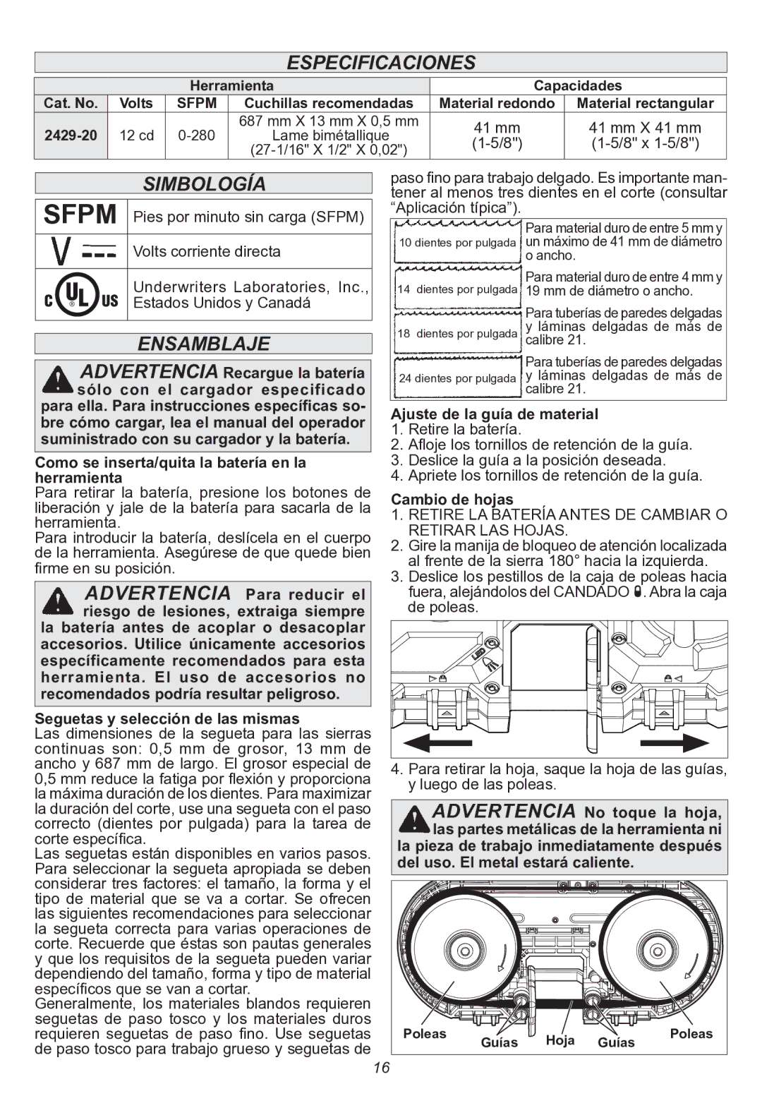 Milwaukee 2429-20 manual Especificaciones, Simbología, EnsambLaje 