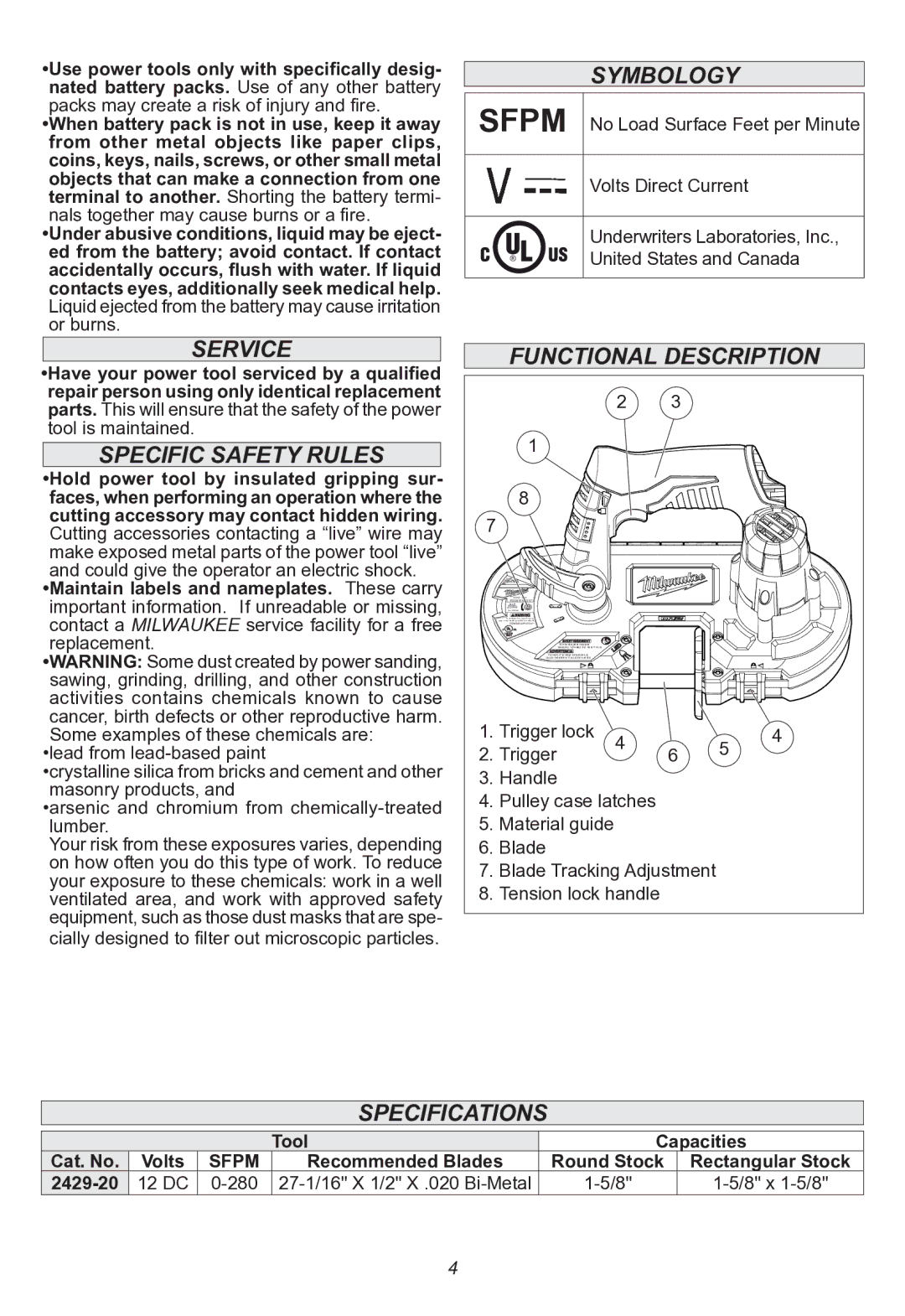 Milwaukee 2429-20 manual Service, Specific Safety Rules, Symbology, Functional Description, Specifications 