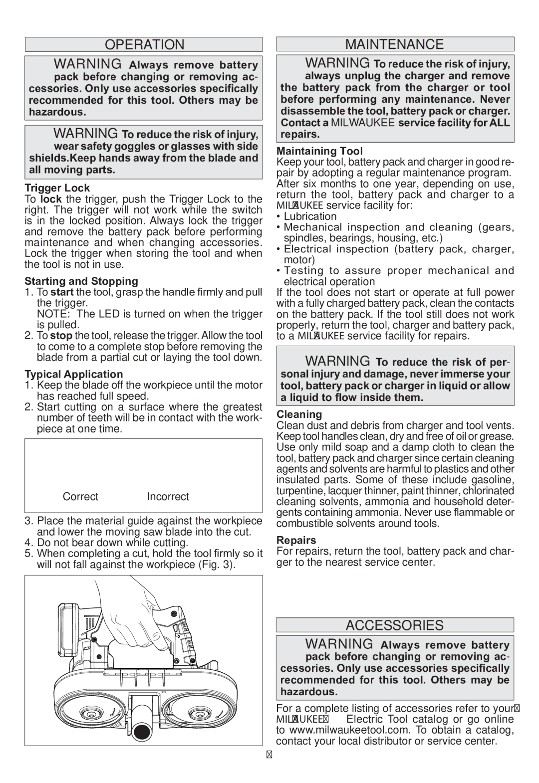 Milwaukee 2429-20 manual Operation, Maintenance, Accessories 