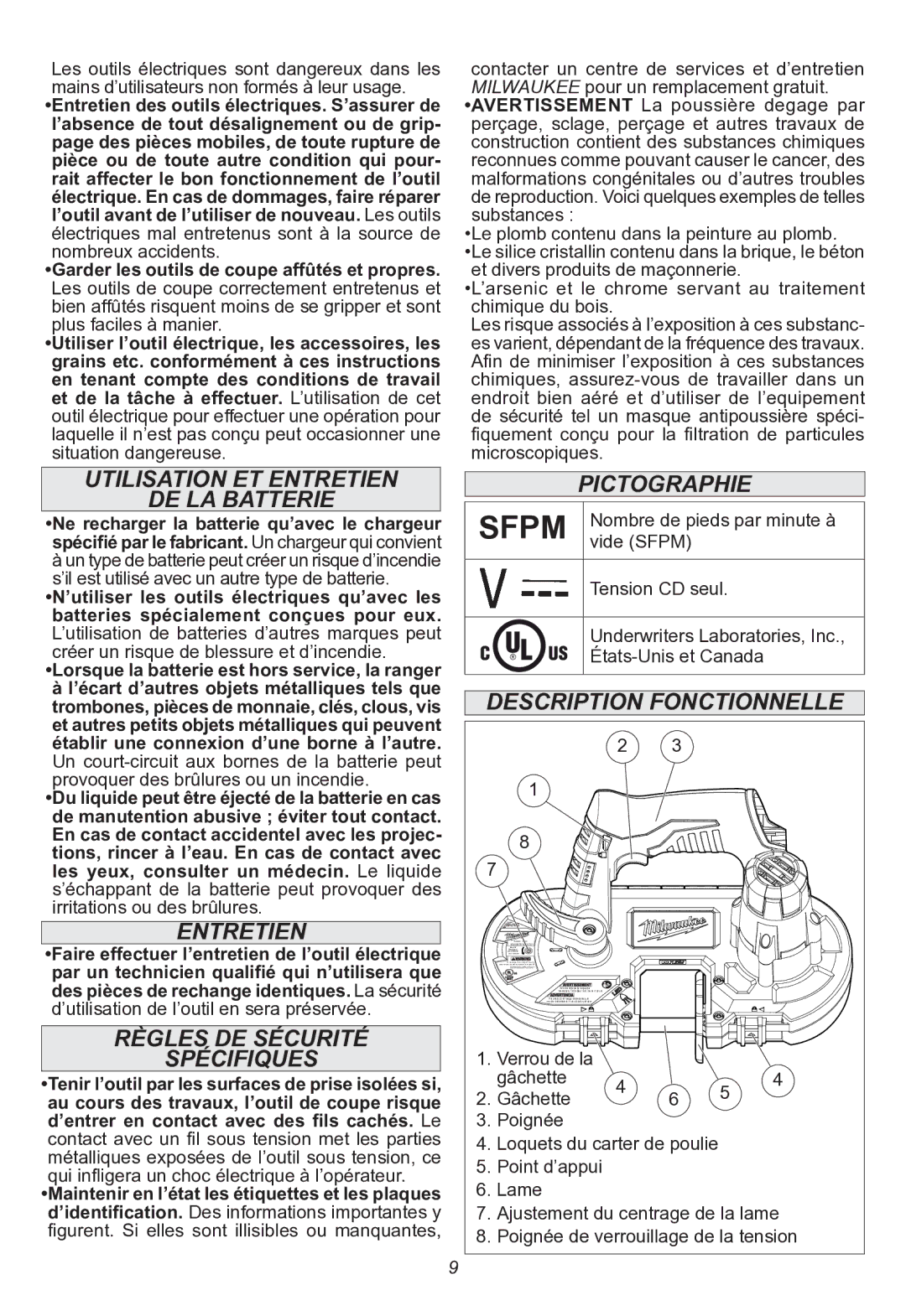 Milwaukee 2429-20 manual Utilisation et entretien De la batterie, Entretien, Règles DE Sécurité Spécifiques, Pictographie 