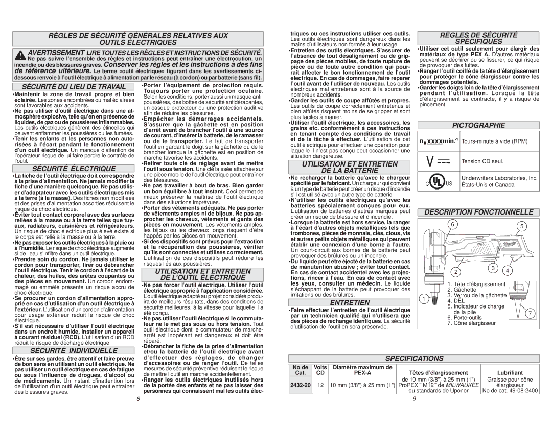 Milwaukee 2432-20 Règles DE Sécurité Spécifiques, Sécurité DU Lieu DE Travail, Sécurité Électrique, Sécurité Individuelle 