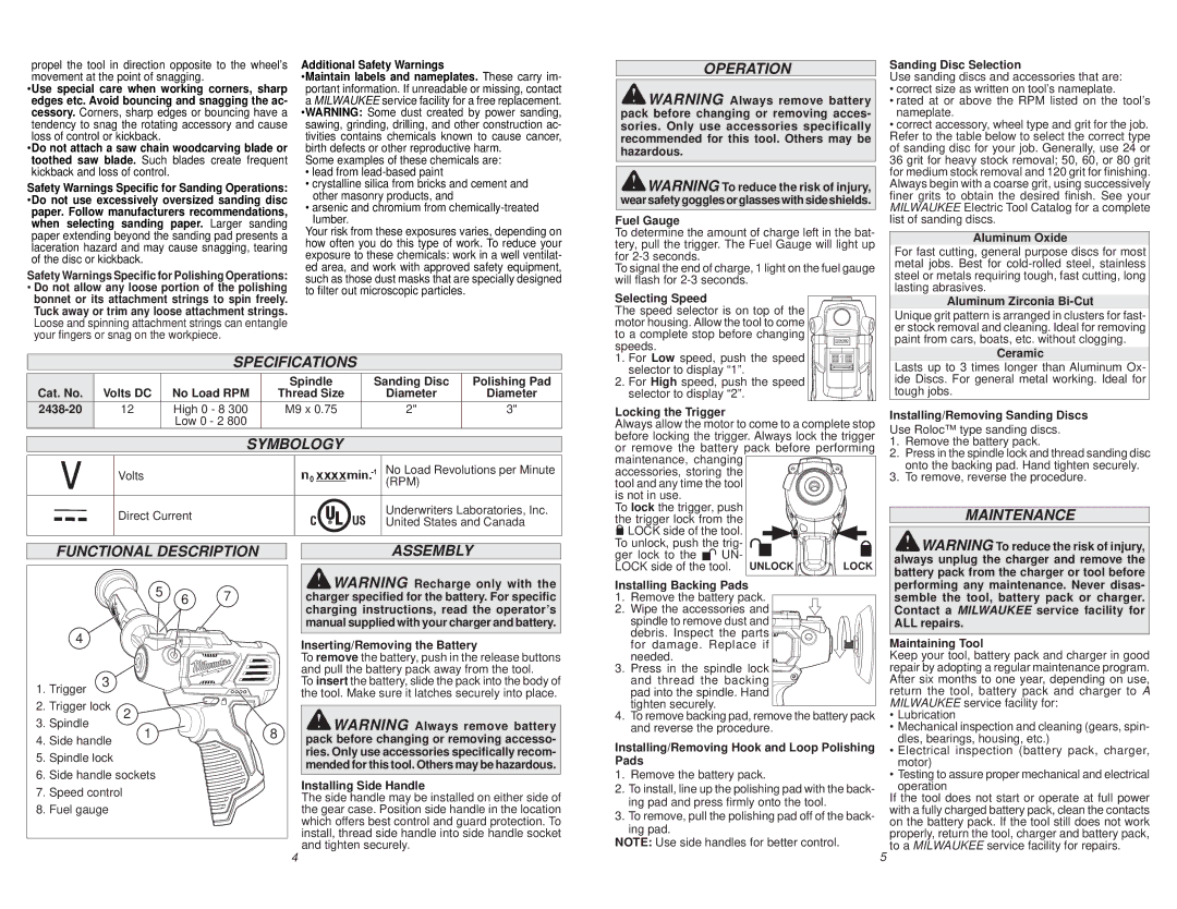 Milwaukee 2438-20 manual Operation, Specifications, Symbology, Maintenance Functional Description, Assembly 