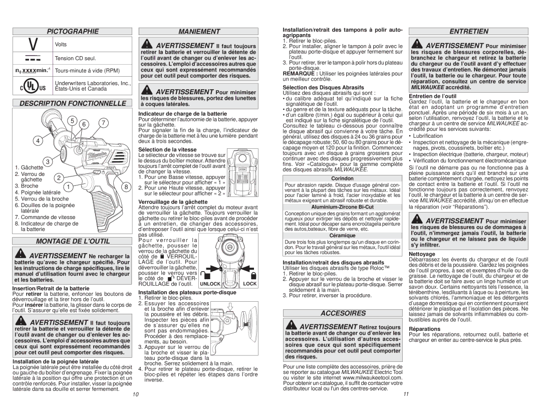 Milwaukee 2438-20 manual Pictographie, Description Fonctionnelle, Montage DE Loutil, Maniement, Accesoires 