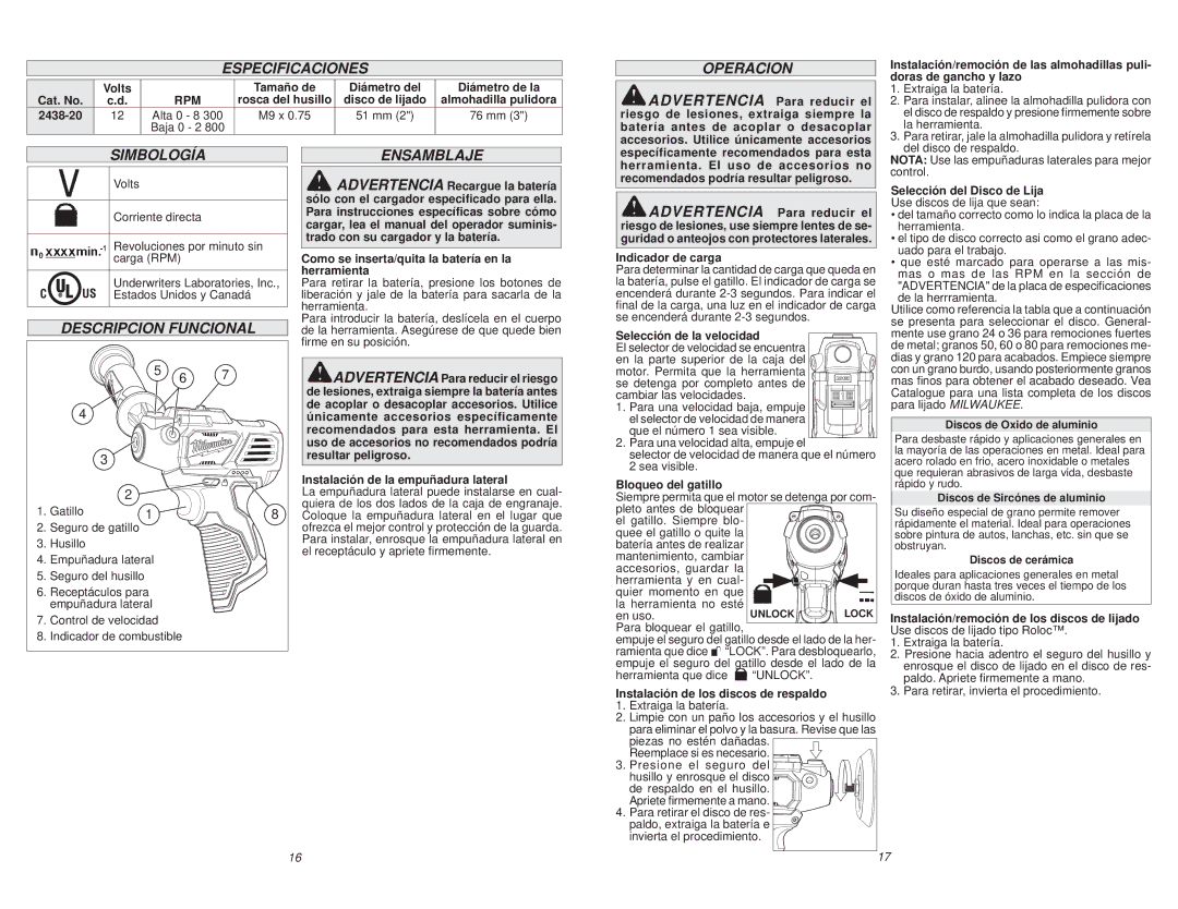 Milwaukee 2438-20 manual Especificaciones, Operacion, Simbología, Descripcion Funcional, Ensamblaje 