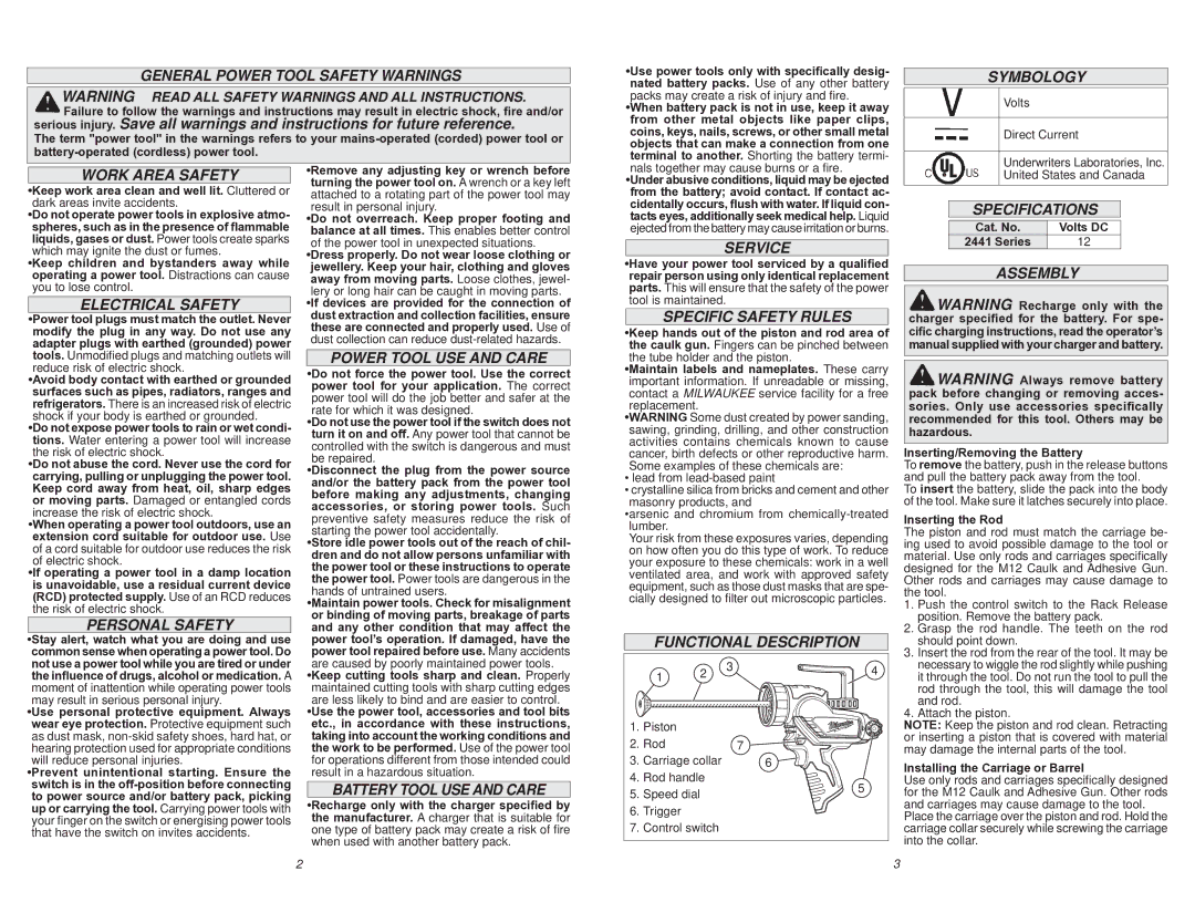 Milwaukee 2441-20 General Power Tool Safety Warnings, Electrical Safety, Power Tool USE and Care, Personal Safety, Service 