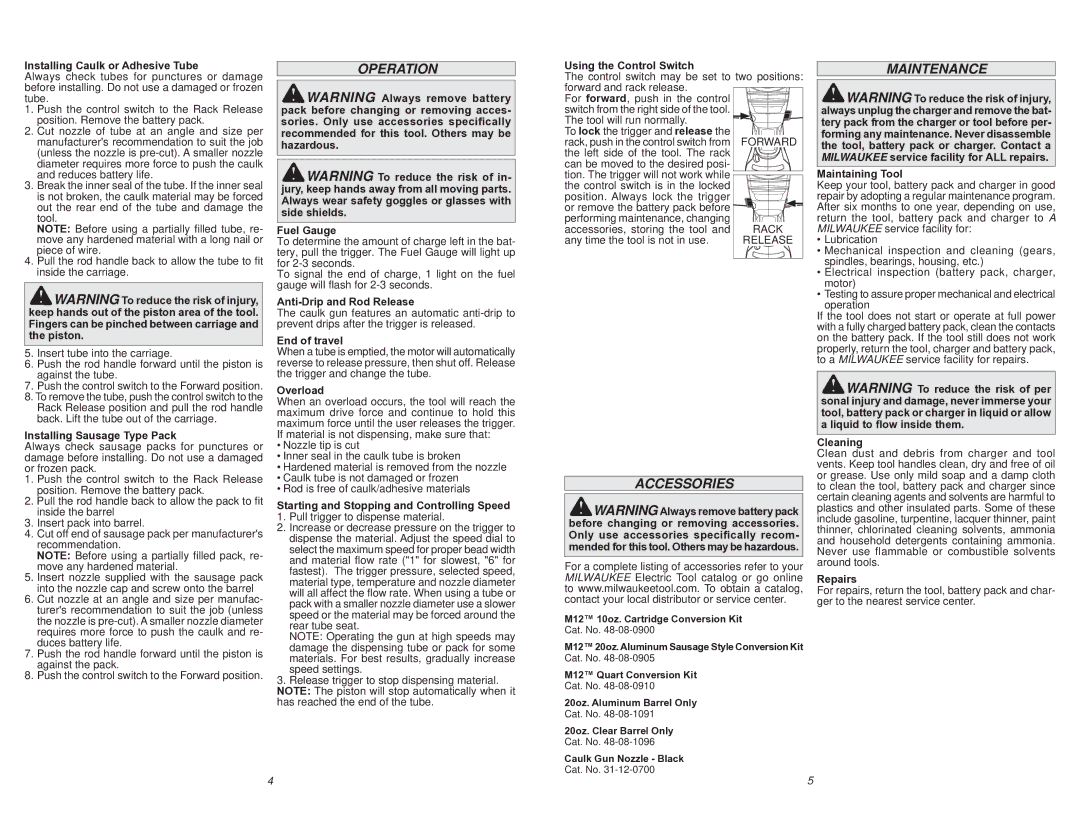 Milwaukee 2441-20 manual Operation, Accessories, Maintenance 