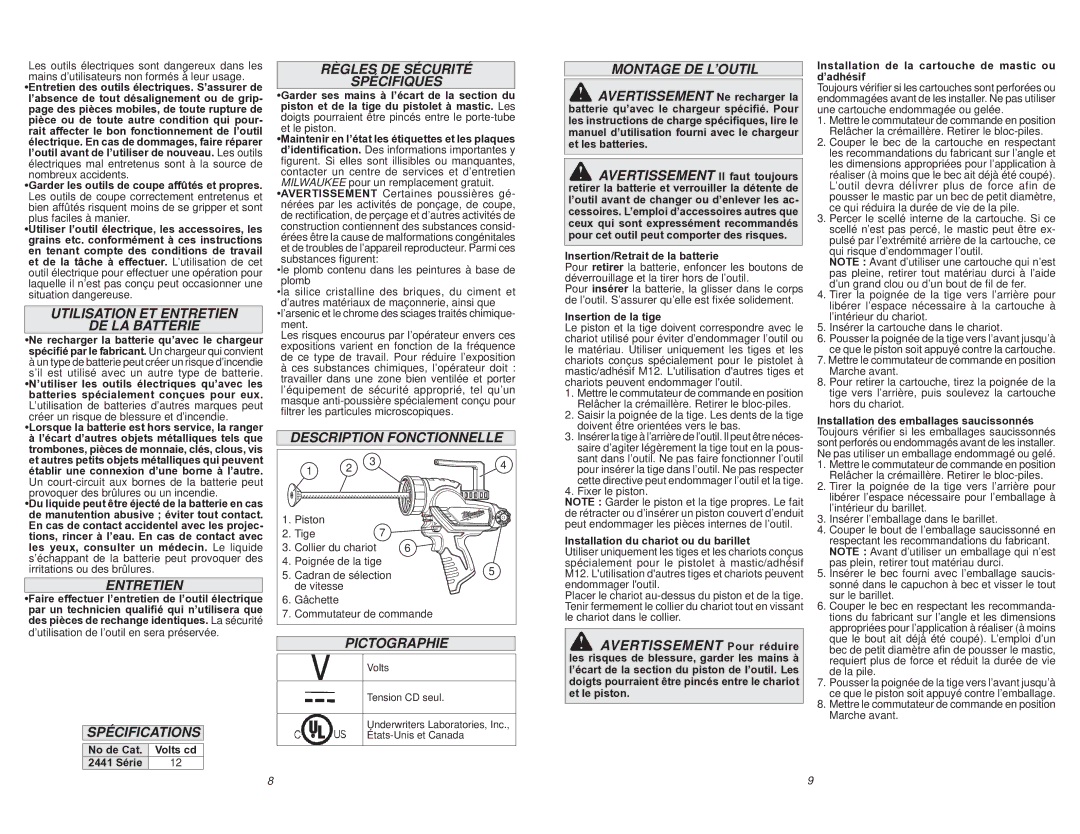 Milwaukee 2441-20 Utilisation ET Entretien DE LA Batterie, Spécifications, Règles DE Sécurité Spécifiques, Pictographie 