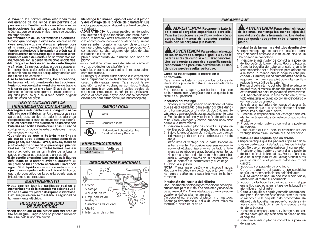 Milwaukee 2441-20 Ensamblaje, USO Y Cuidado DE LAS Herramientas CON Batería, Mantenimiento, Simbología, Especificaciones 