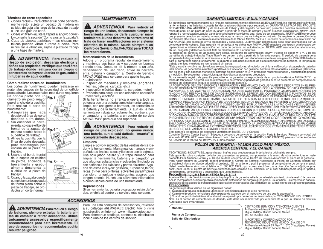 Milwaukee 2445-20 manual Accesorios, Garantía Limitada E.U.A. Y Canadá 