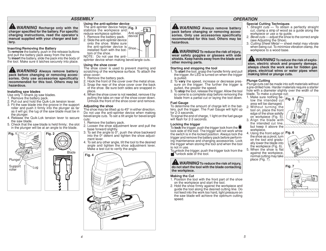 Milwaukee 2445-20 manual Assembly Operation 