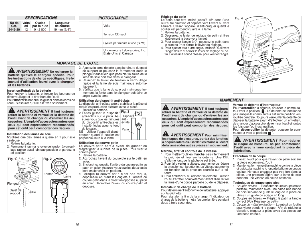 Milwaukee 2445-20 manual Specificationspictographie, Montage DE Loutil, Maniement 