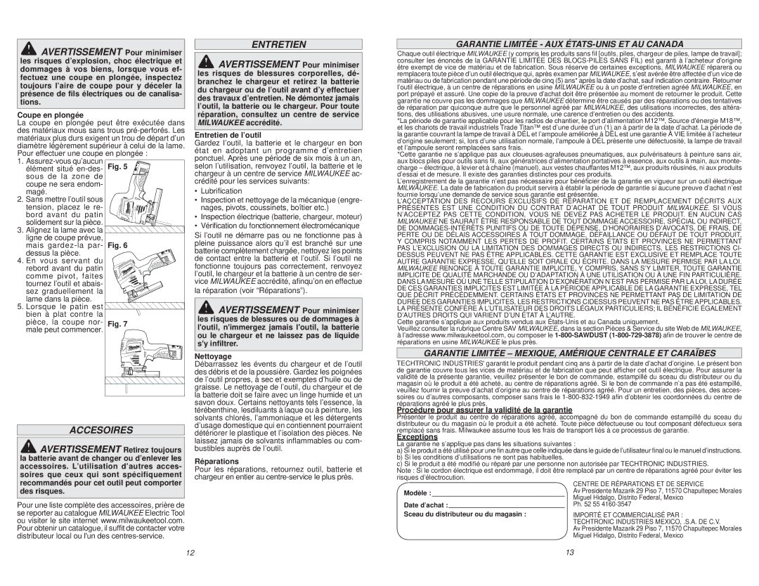 Milwaukee 2445-20 manual Accesoires, Garantie Limitée AUX ÉTATS-UNIS ET AU Canada 