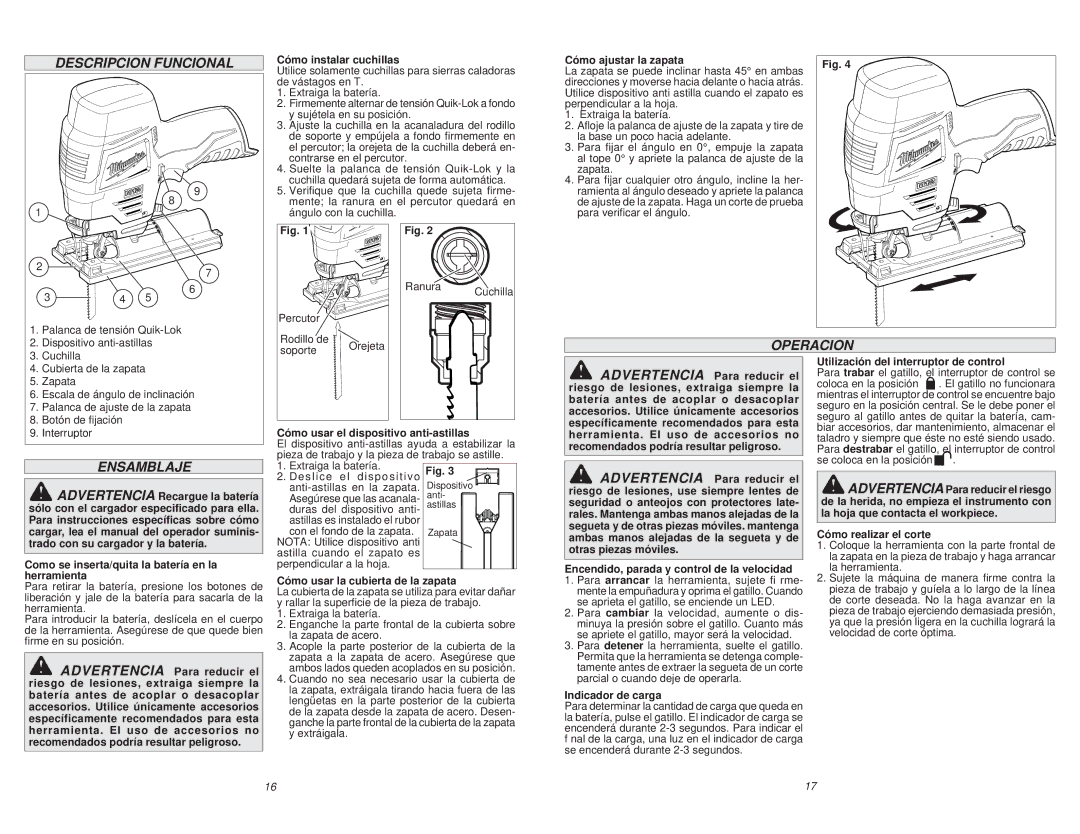 Milwaukee 2445-20 manual Descripcion Funcional, Operacion, Ensamblaje 