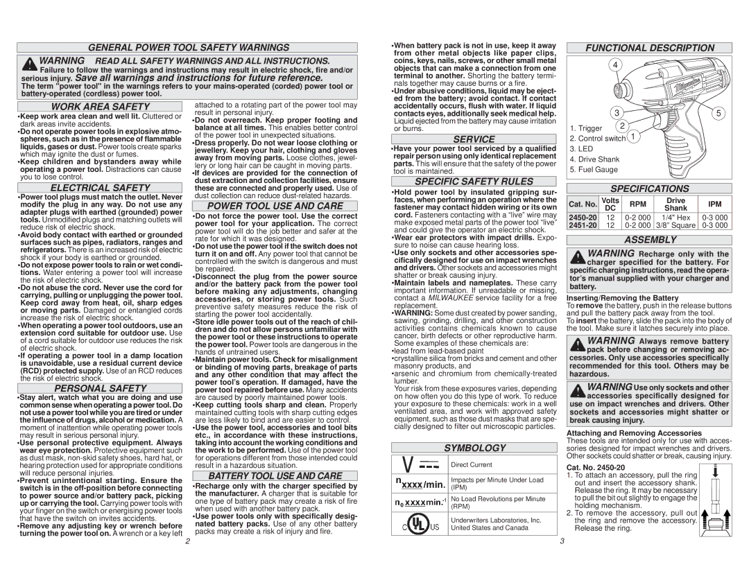 Milwaukee 2451-20 General Power Tool Safety Warnings, Functional Description Work Area Safety, Electrical Safety, Service 