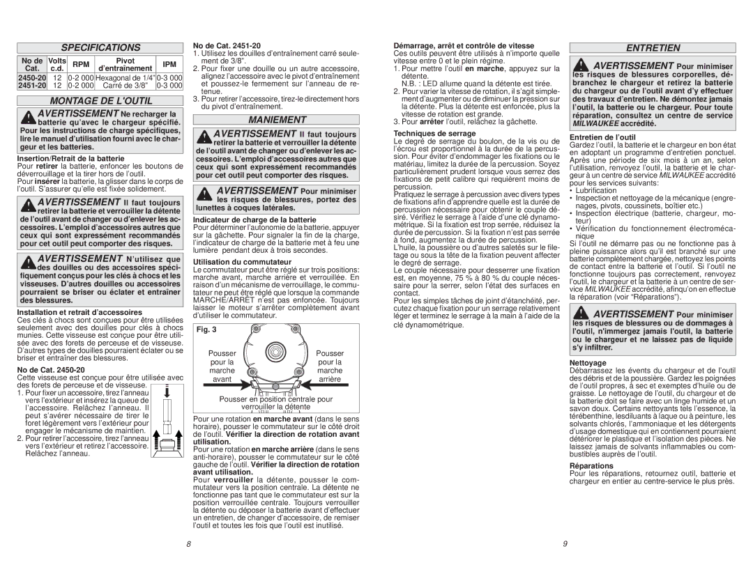 Milwaukee 2450-20, 2451-20 manual Montage DE Loutil, Maniement 