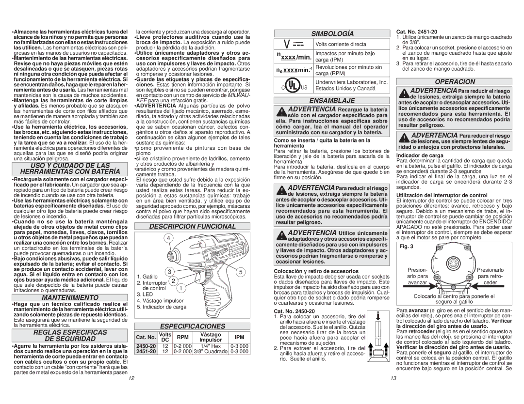 Milwaukee 2450-20 USO Y Cuidado DE LAS Herramientas CON Batería, Mantenimiento, Reglas Especificas DE Seguridad, Operacion 