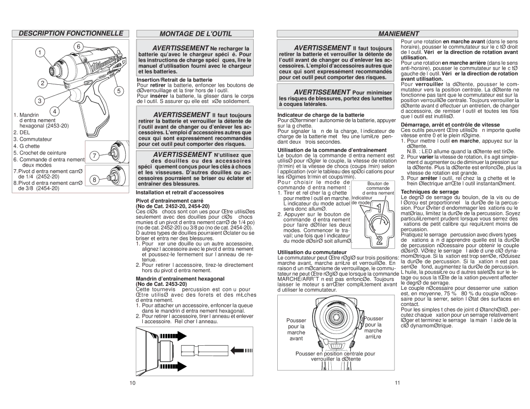 Milwaukee 2452-20, 2454-20 manual Description Fonctionnelle Montage DE Loutil Maniement 