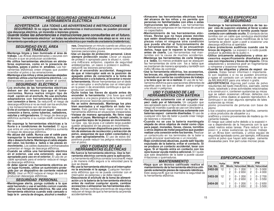 Milwaukee 2452-20 Reglas Especificas DE Seguridad, Seguridad EN EL Área DE Trabajo, Seguridad Eléctrica, Mantenimiento 