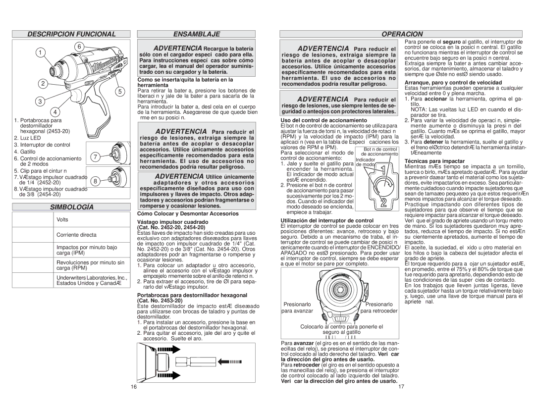 Milwaukee 2454-20, 2452-20 manual Descripcion Funcional Ensamblaje Operacion, Simbología 