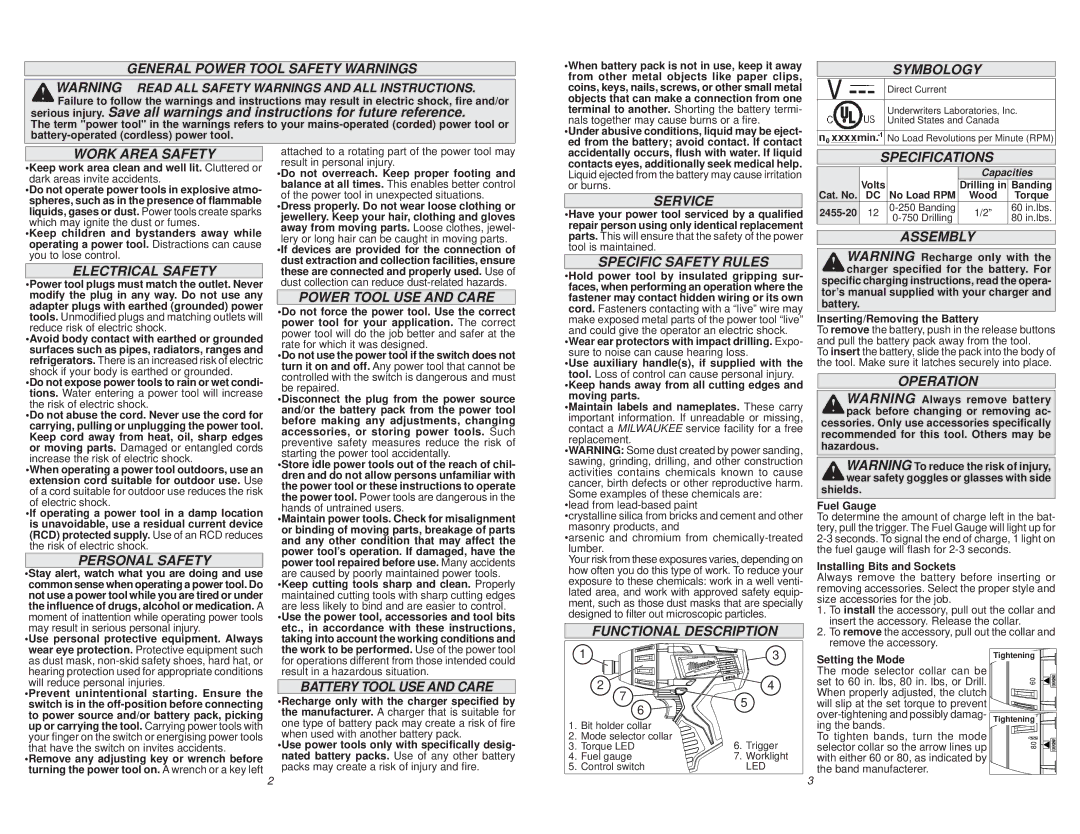 Milwaukee 2455-20 General Power Tool Safety Warnings, Symbology, Work Area Safety, Electrical Safety, Personal Safety 