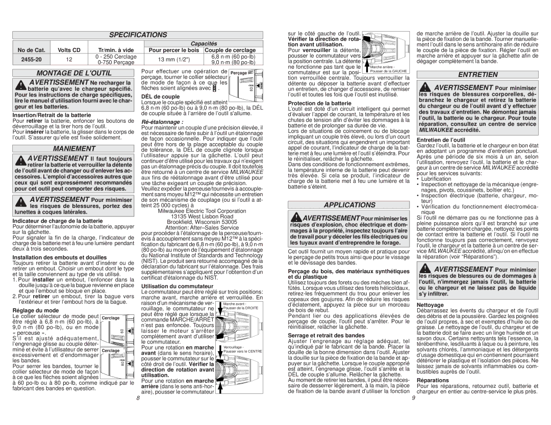 Milwaukee 2455-20 manual Montage DE Loutil, Maniement, Capacités, Ré-étalonnage 