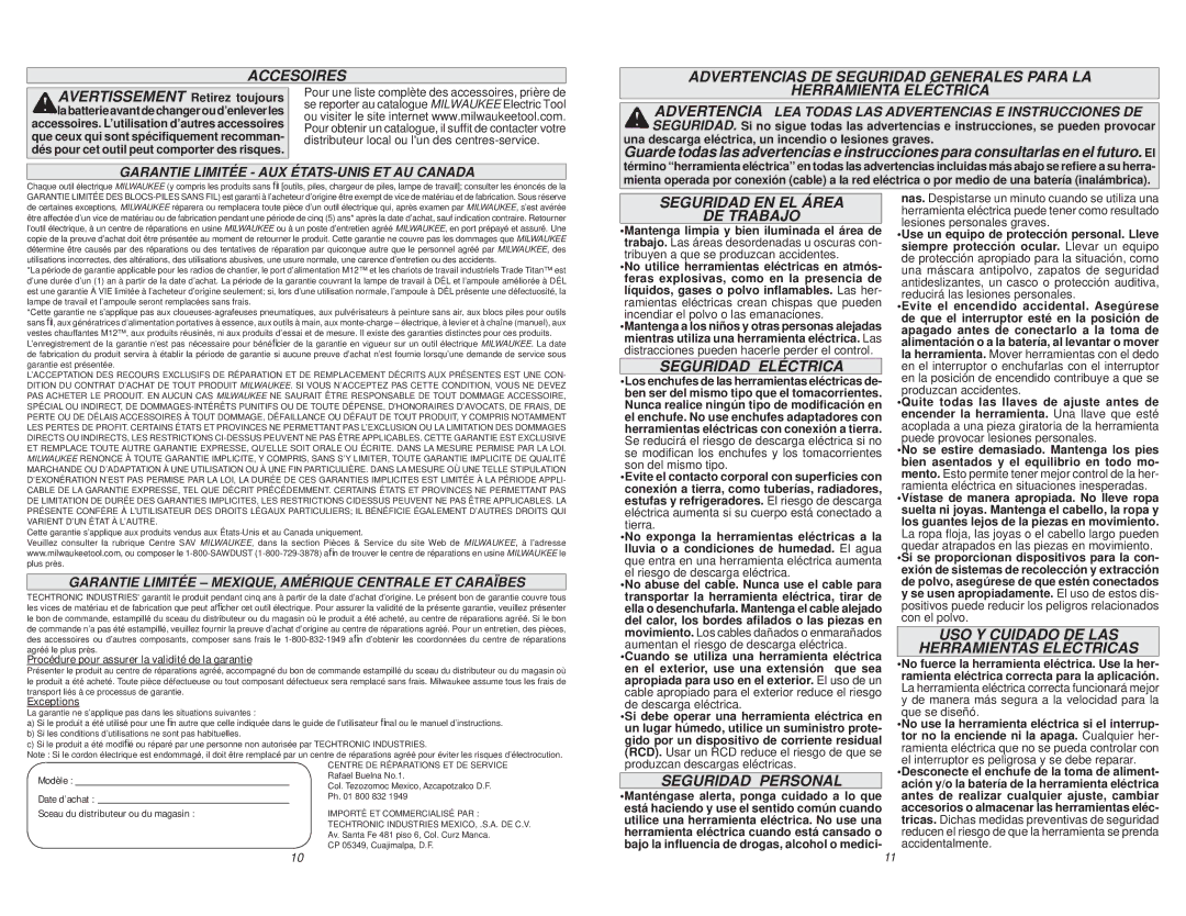 Milwaukee 2455-20 manual Accesoires, Seguridad EN EL Área DE Trabajo, Seguridad Eléctrica, Seguridad Personal 