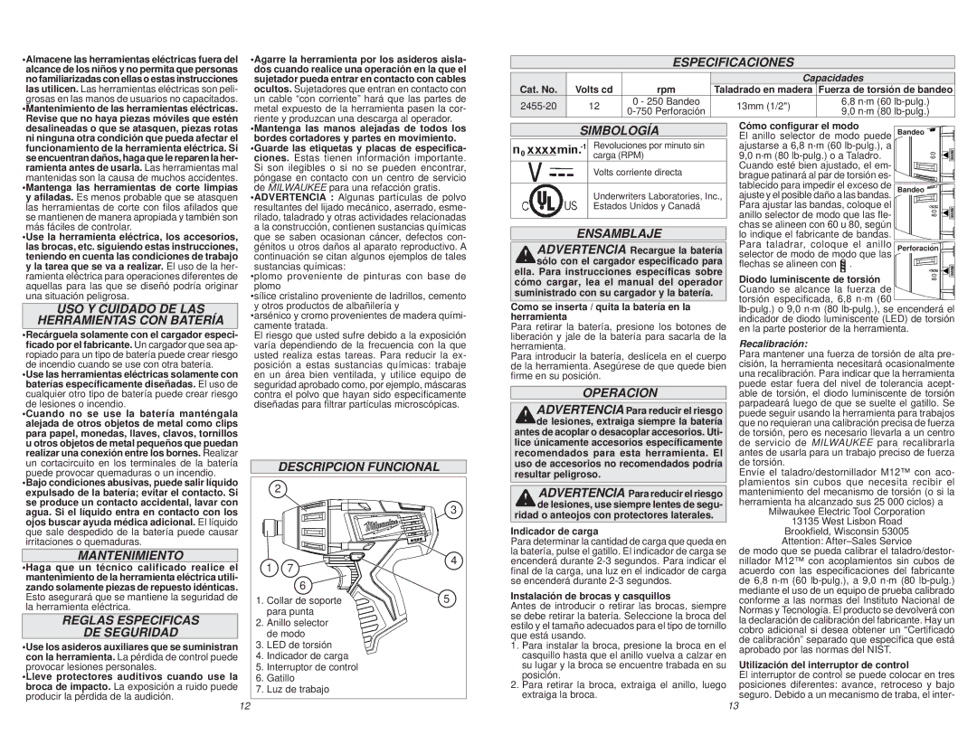 Milwaukee 2455-20 USO Y Cuidado DE LAS Herramientas CON Batería, Mantenimiento, Reglas Especificas DE Seguridad, Operacion 