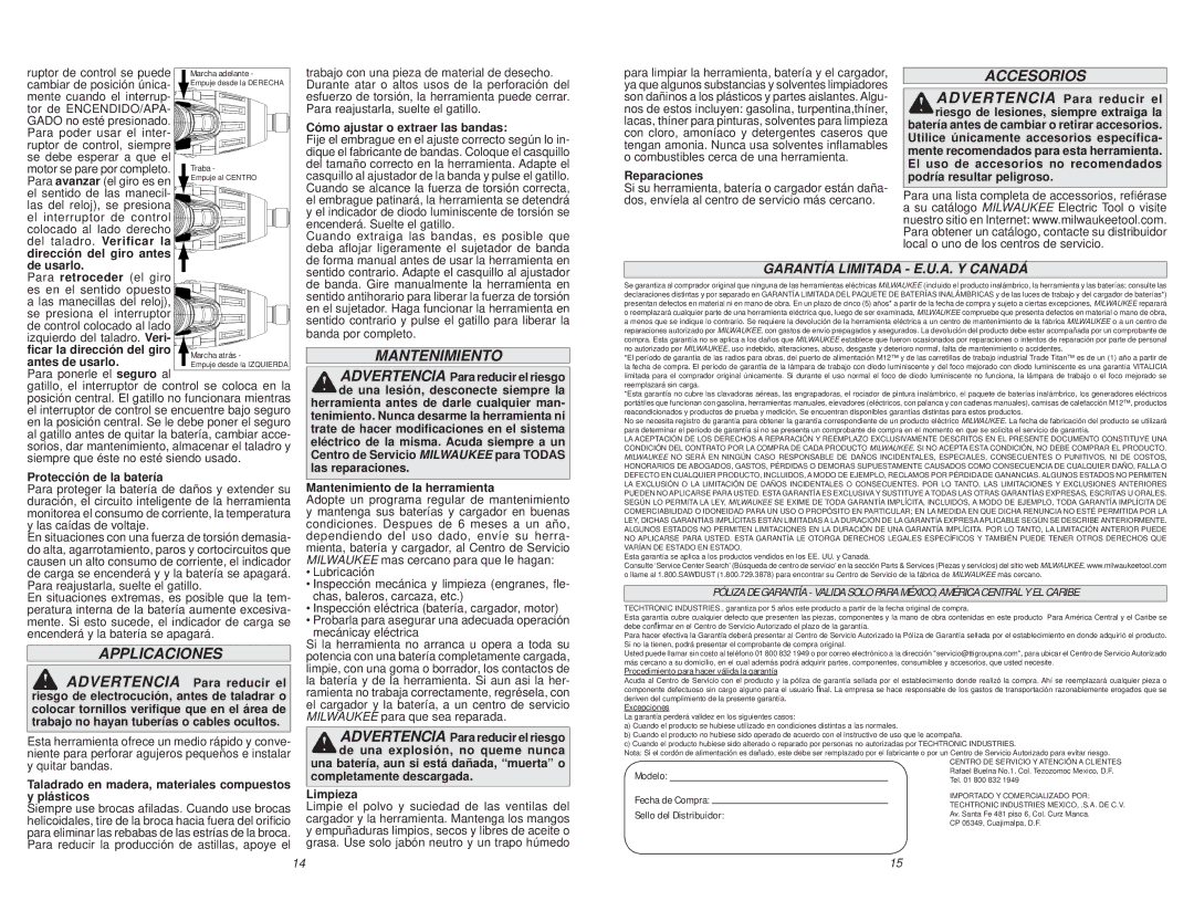 Milwaukee 2455-20 manual Accesorios, Applicaciones, Garantía Limitada E.U.A. Y Canadá 