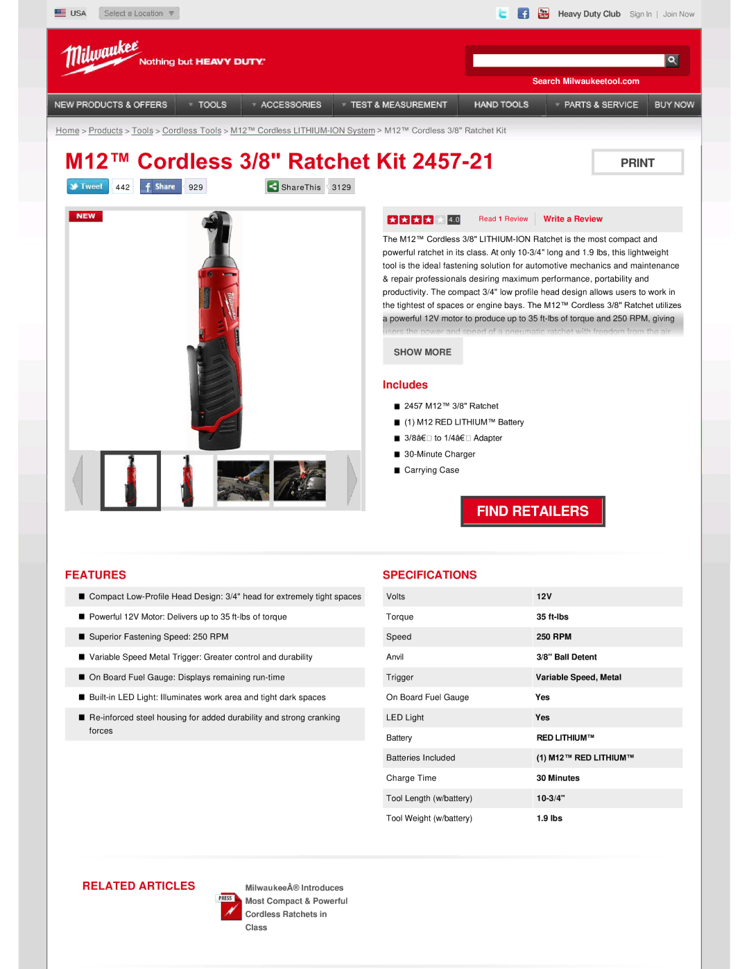 Milwaukee 2457-21 specifications Find Retailers, Features Specifications, Related Articles 