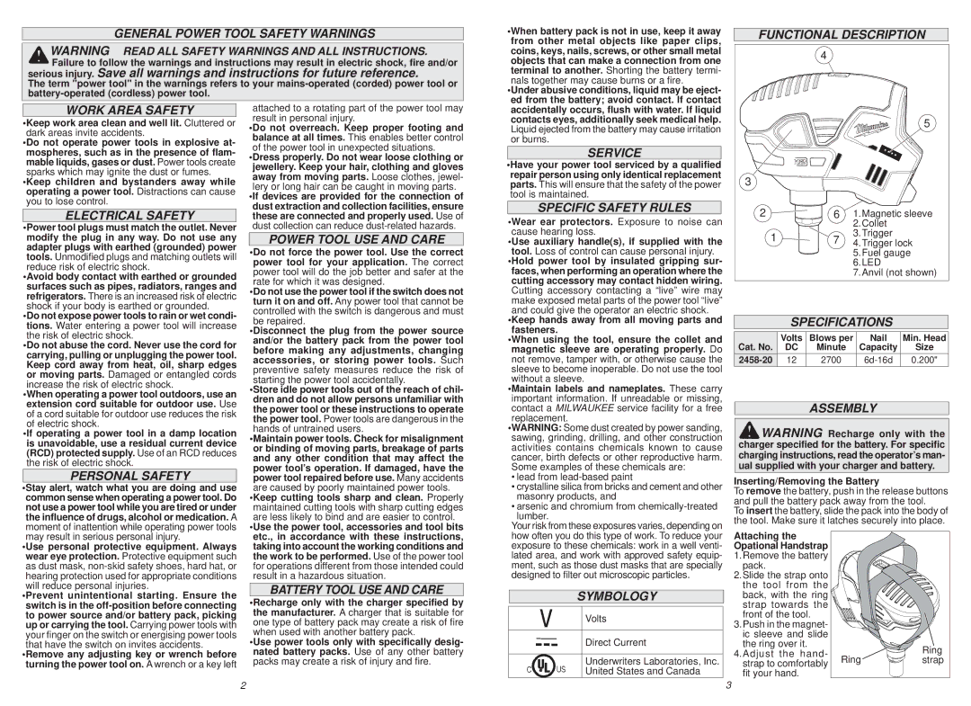 Milwaukee 2458-20 General Power Tool Safety Warnings, Functional Description Work Area Safety, Electrical Safety, Service 