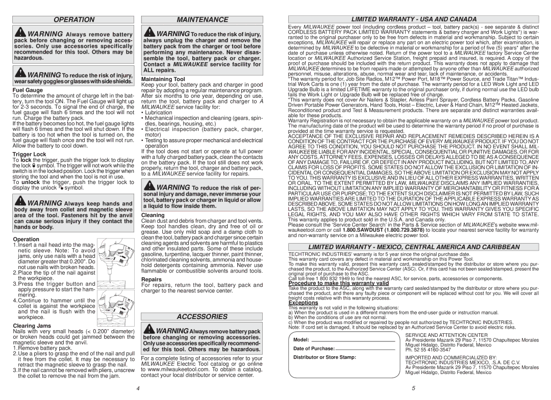 Milwaukee 2458-20 manual Operation, Maintenance, Accessories, Limited Warranty USA and Canada 