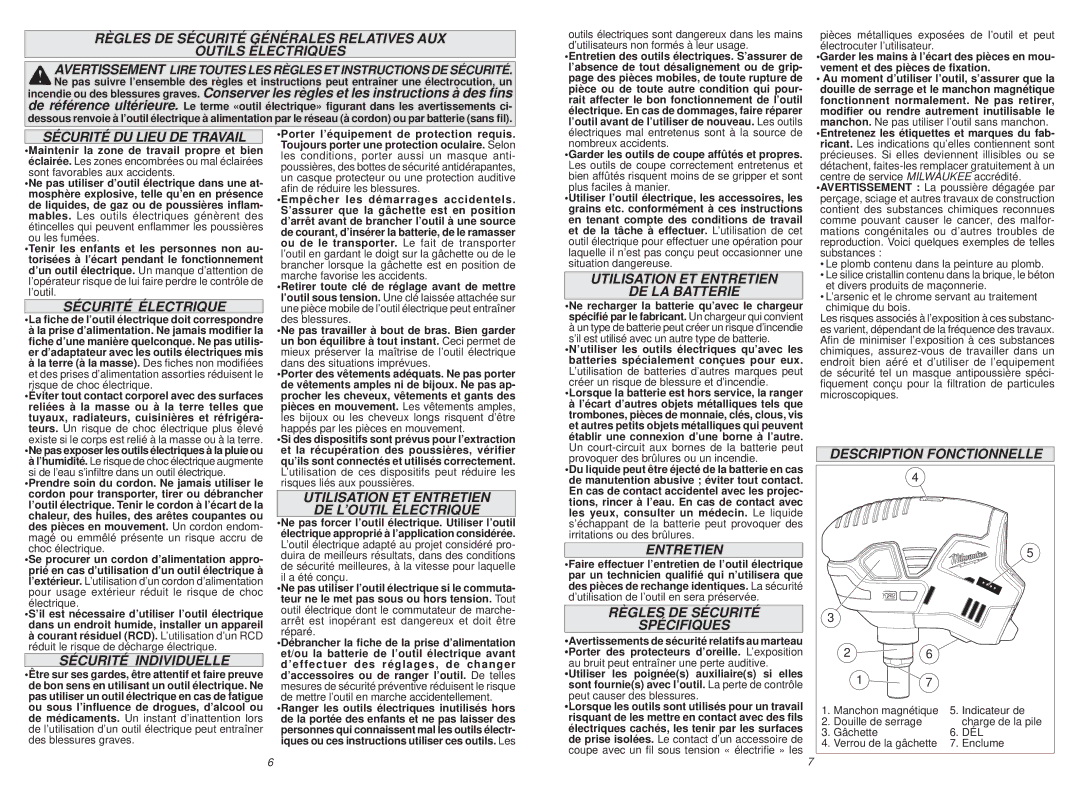 Milwaukee 2458-20 manual Sécurité DU Lieu DE Travail, Sécurité Électrique, Sécurité Individuelle, Entretien 